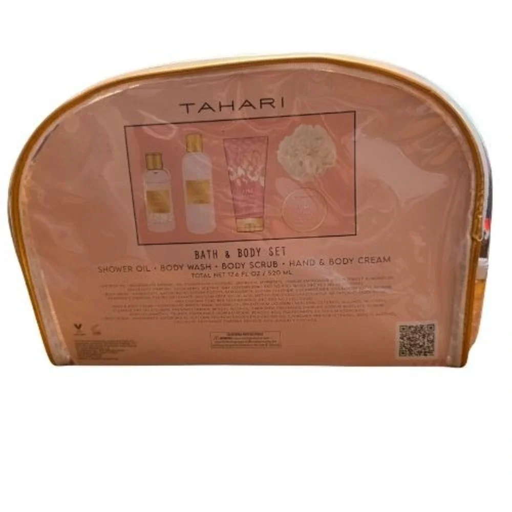 Tahari Pink Peony 5pc Bath Body Gift Set Shower Oil Wash Cream Scrub Travel Bag